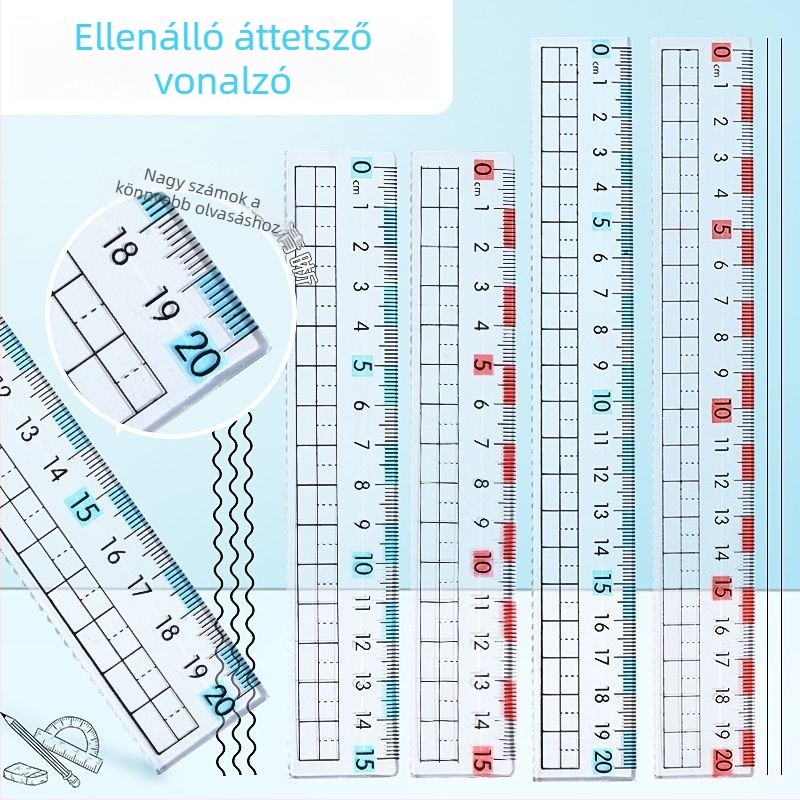 Műanyag vonalzó általános iskolások számára, többfunkciós vonalzó, hullámvonalú él, első osztályos centiméteres