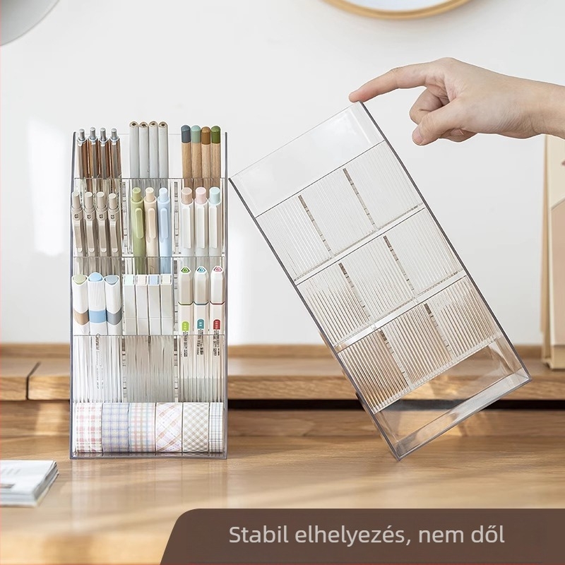  Tolltartó és rúzs tároló doboz, átlátszó ferde kialakítás, PET, modell SD-3838, négyzet alakú asztali kiegészítő