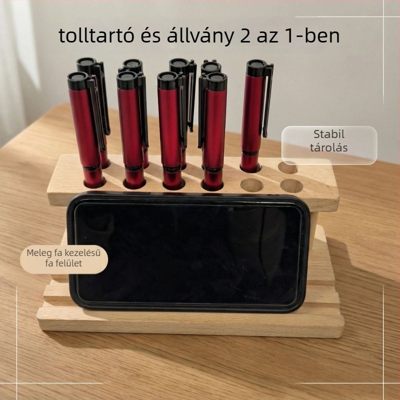 Bükkfából készült asztali tolltartó, több lyukú dizájn, téglalap alakú, modell 12-565, logó testreszabás