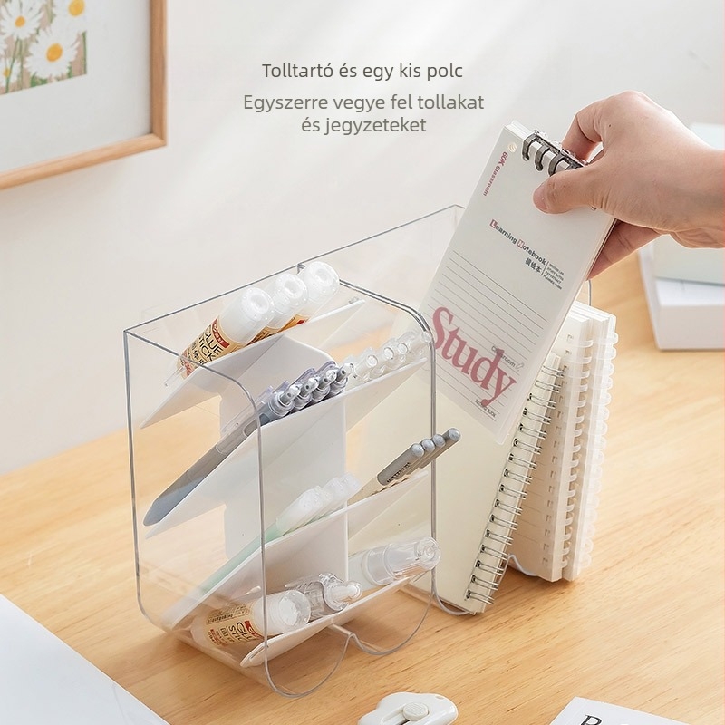 Tolltartó és tároló doboz QY7166 - PET+HIPS, 1L, áttetsző, modern minimalista asztali szervező
