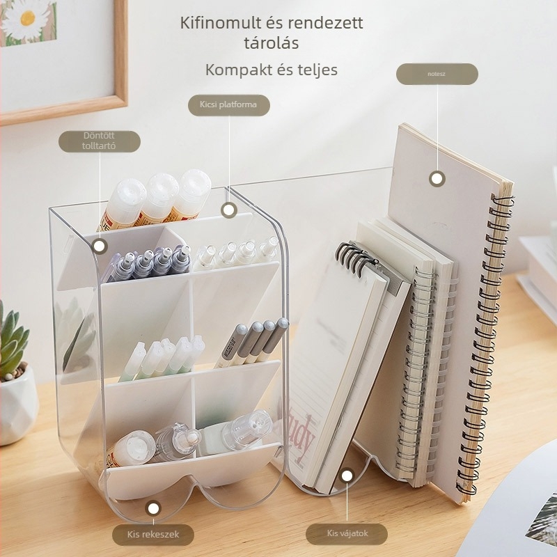 Tolltartó és tároló doboz QY7166 - PET+HIPS, 1L, áttetsző, modern minimalista asztali szervező