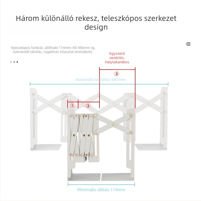Kihúzható fém könyvállvány 78631 az íróasztalhoz, összecsukható, diákoknak