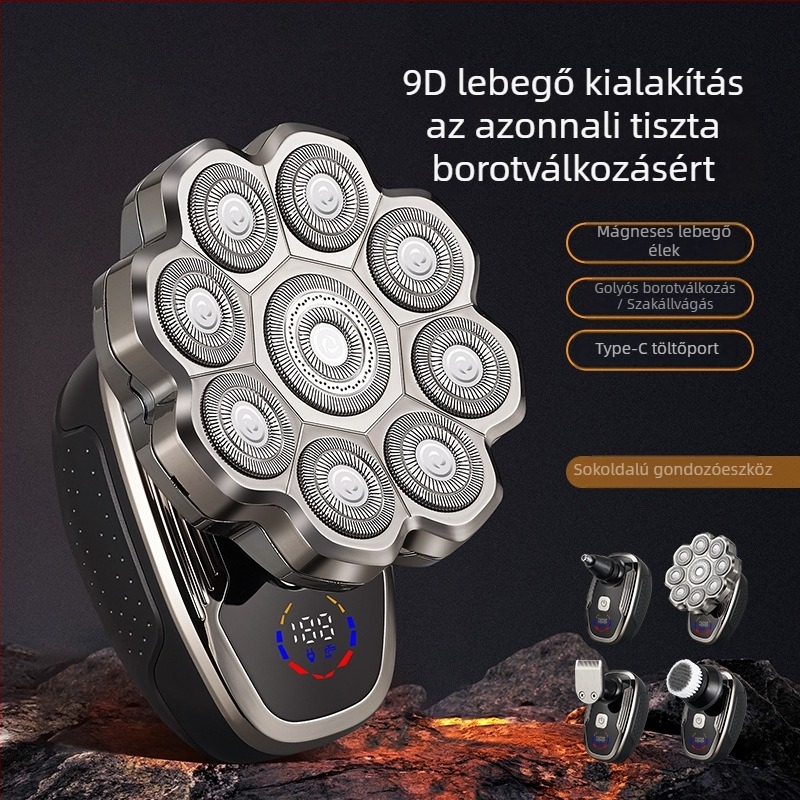 Teljes testű elektromos borotva, LED kijelző, lebegő forgó fej, többfejű fej (>4), beépített akkumulátor – 30–45 perc működési idő