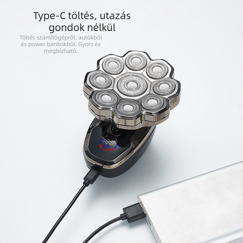 Teljes testű elektromos borotva, LED kijelző, lebegő forgó fej, többfejű fej (>4), beépített akkumulátor – 30–45 perc működési idő