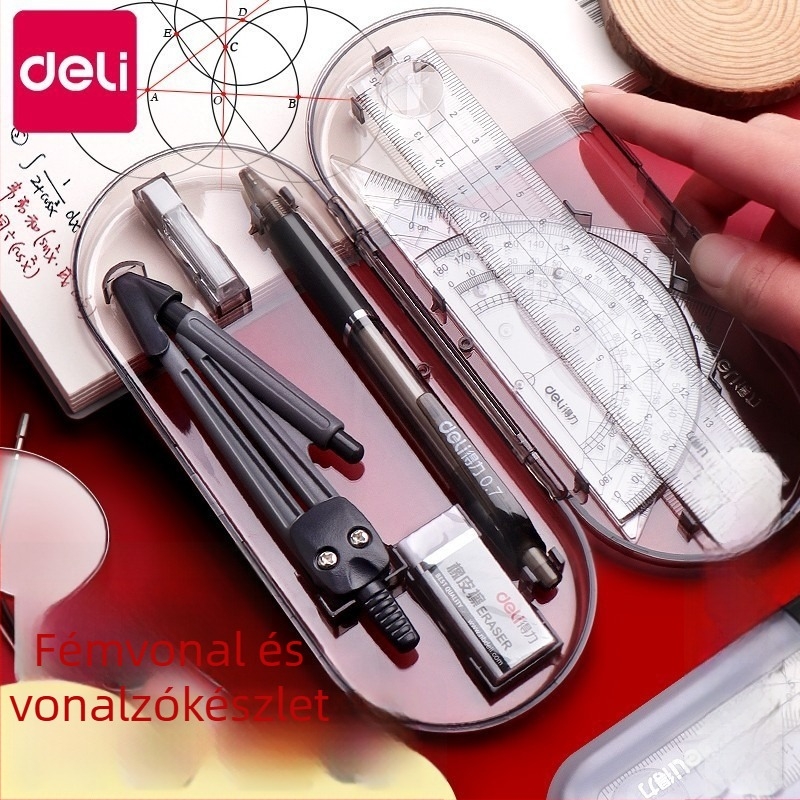 Körző és vonalzó készlet – Deli, 9591 modell, műanyag, 9 darabos készlet, csomagolás 1/12/144
