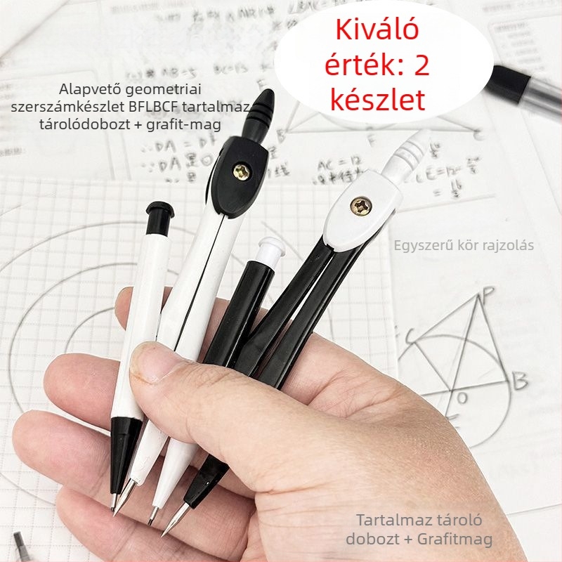 Két készlet körző tanuló készlet rajz- és mérőeszközökkel, fém felépítés, standard specifikáció, standard csomagolás
