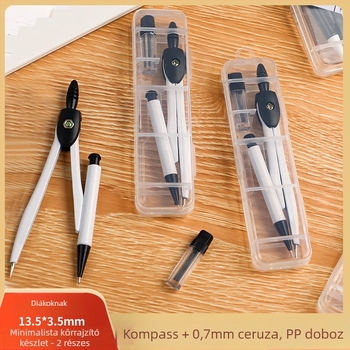 Toll-stílusú körző, 2 részes készlet, 0,7 mm grafit betét, nyomógombos meghajtás, PP tároló doboz, vizsgákhoz