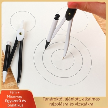 Toll-stílusú körző, 2 részes készlet, 0,7 mm grafit betét, nyomógombos meghajtás, PP tároló doboz, vizsgákhoz
