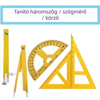 4 részes oktatási készlet: háromszög-vonalzó, körző, szögmérő és többször használható rajzeszköz, anyag: sűrű tábla