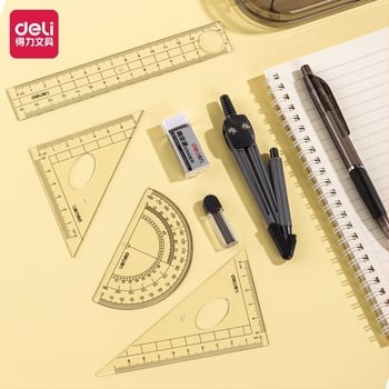 Deli 9591 Körző és vonalzó készlet — PS+ABS, tartalmaz 15 cm vonalzót, 180° protractort, 30°/45° derékszögű háromszögeket, radírt és mechanikus ceruzát