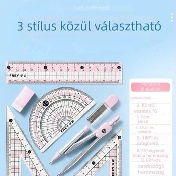 Rajztű eszközkészlet körzővel, háromszög- és vonalzóval — Oberchan 6808, műanyag, csomagolás: 144 doboz kartononként, licencelhető magáncímke