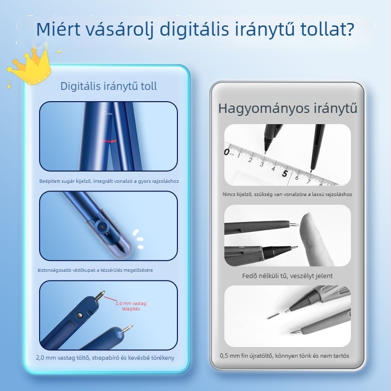 Digitális kijelzős körző körök rajzolásához, fém eszközökből álló készlet, hordozható, 2 mm grafit vastagságú, cserélhető patronok
