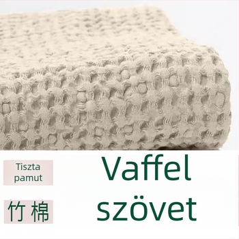Vaffel pamut anyag — 100% pamut, fonalas színű, geometriai jacquard szövéssel, hálózatos mintázat, alkalmas ágyneműhöz, párnákhoz és takarókhoz, ősz–tél