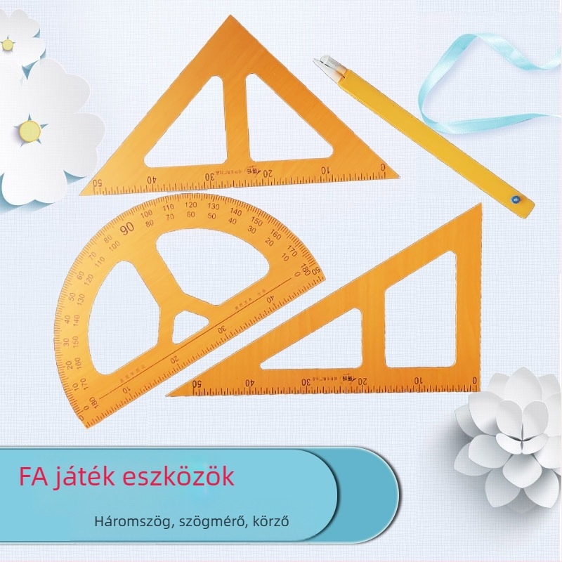 Fából készült rajzeszköz készlet két háromszög alakú lemezzel, tömeg 2000 g, anyag: fa
