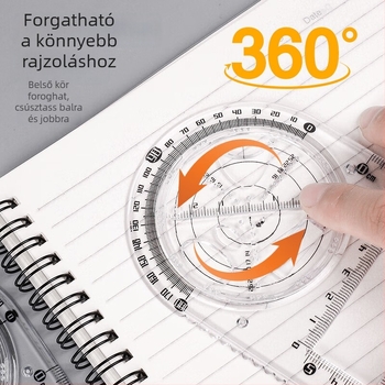 Forgatható többfunkciós rajzvonalzó készlet általános és középiskolások számára, műanyag, 100 g