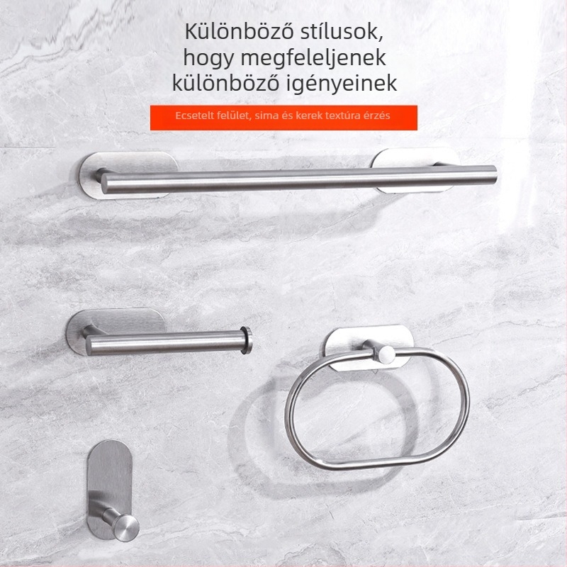 Fúrás nélküli rozsdamentes acél törölközőtartó készlet – teherbírás 10 kg, tartó, gyűrű, egyenes rúd, akasztó és papírtartó