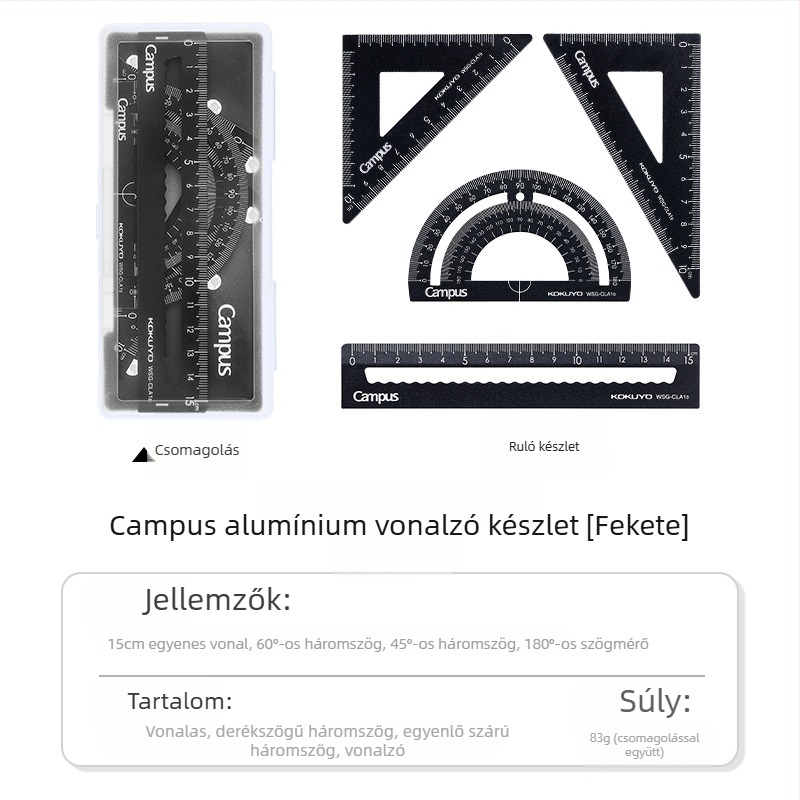 Kokuyo CLCA műanyag vonalzó készlet átlátszó fokmérővel és háromszögvonalzóval, tömeg 0,095 kg