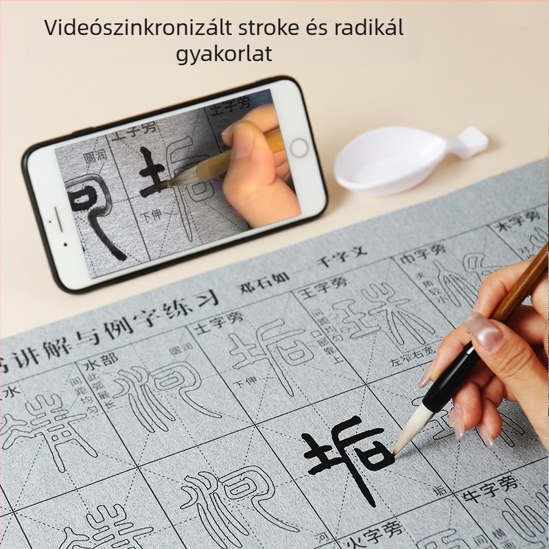 Kaligráfia gyakorló készlet: Seal Script betűtípus, videó útmutató szinkron vonásokkal és radikálokkal, vízírás szövet, ecsetkészlet