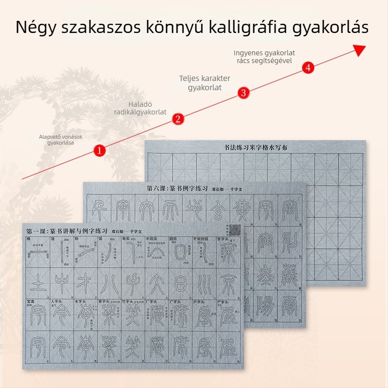 Kaligráfia gyakorló készlet: Seal Script betűtípus, videó útmutató szinkron vonásokkal és radikálokkal, vízírás szövet, ecsetkészlet