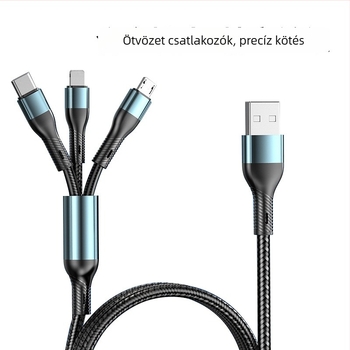 Három az egyben szövött töltőkábel egy–től háromig csatlakozókkal, Micro USB interfész, 0,5–1 m hosszú, gyors töltés, kompatibil Apple, Huawei és Android telefonok
