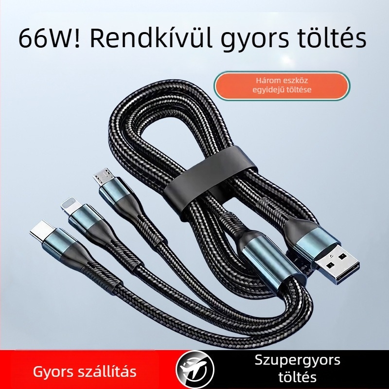 Három az egyben szövött töltőkábel egy–től háromig csatlakozókkal, Micro USB interfész, 0,5–1 m hosszú, gyors töltés, kompatibil Apple, Huawei és Android telefonok