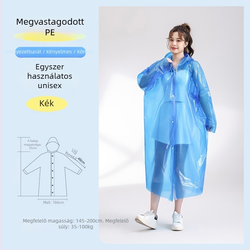 Egyszer használható esőkabát, vastagított és meghosszabbított, robbanásbiztos, átlátszó, PE anyagú, 110 g, felnőtteknek, túraponcsó