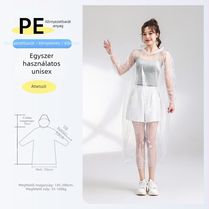 Egyszer használható esőkabát, vastagított és meghosszabbított, robbanásbiztos, átlátszó, PE anyagú, 110 g, felnőtteknek, túraponcsó