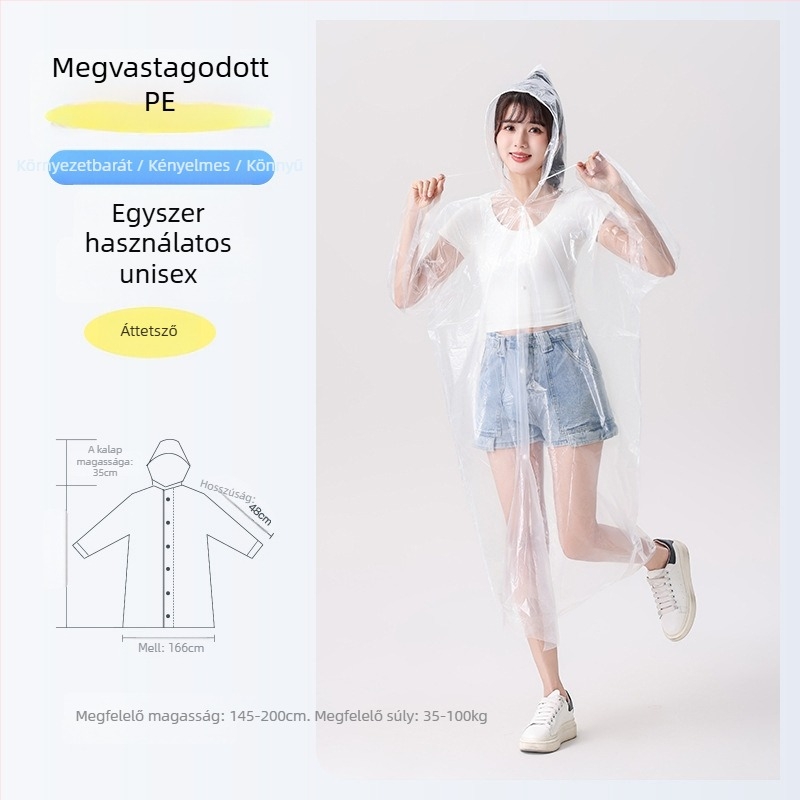 Egyszer használható esőkabát, vastagított és meghosszabbított, robbanásbiztos, átlátszó, PE anyagú, 110 g, felnőtteknek, túraponcsó