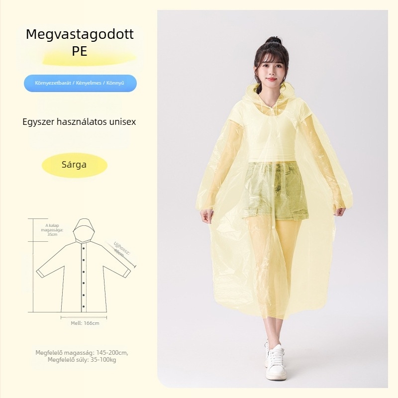 Egyszer használható esőkabát, vastagított és meghosszabbított, robbanásbiztos, átlátszó, PE anyagú, 110 g, felnőtteknek, túraponcsó