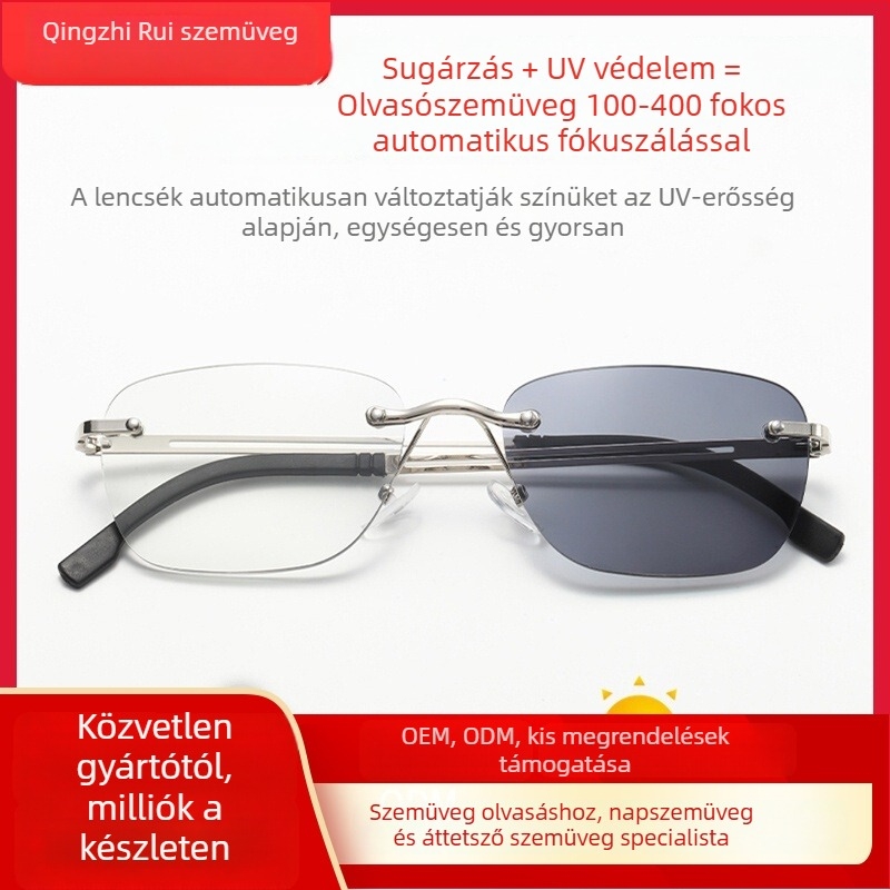Keret nélküli olvasószemüveg fotóchromos lencsékkel és anti-kék fény védelemmel, ultra könnyű keret, távolságra és közelre egyaránt