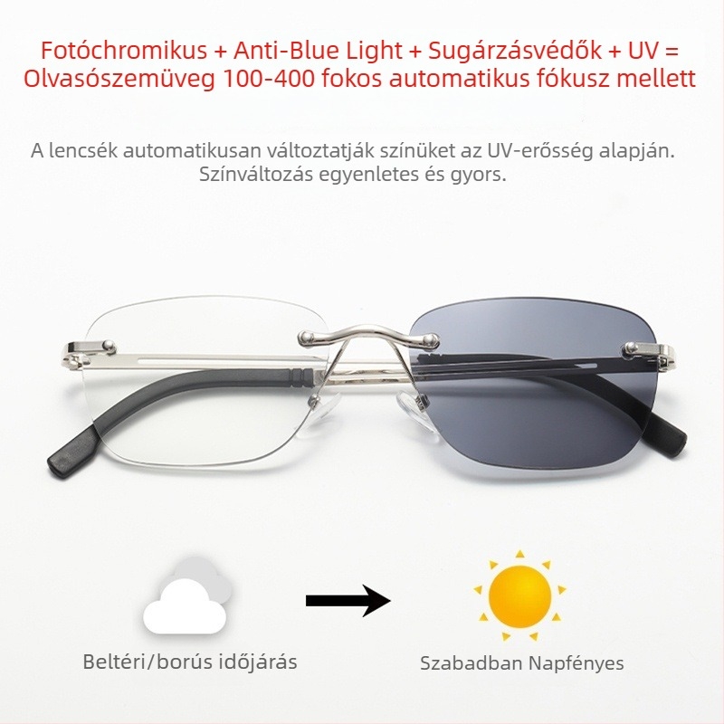 Keret nélküli olvasószemüveg fotóchromos lencsékkel és anti-kék fény védelemmel, ultra könnyű keret, távolságra és közelre egyaránt