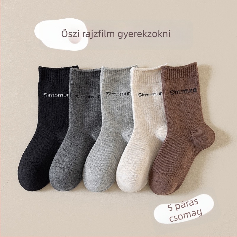 Gyerek zoknik koreai stílusú betűkkel, lélegző pamut, középmagas szárú, 5 páras csomag, 3–8 éveseknek