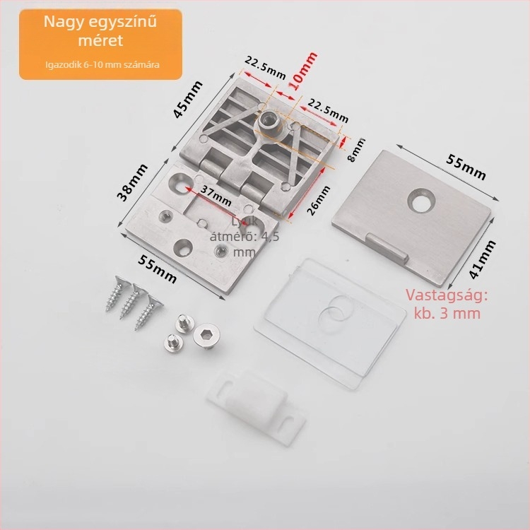 Üvegajtóhoz való pánt vitrineszekrényhez, cinkötvözet, csiszolt és fényes felület, modern-minimalista stílus, egyoldali és bilaterális felszerelés