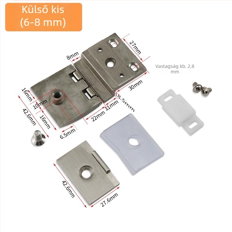 Üvegajtóhoz való pánt vitrineszekrényhez, cinkötvözet, csiszolt és fényes felület, modern-minimalista stílus, egyoldali és bilaterális felszerelés