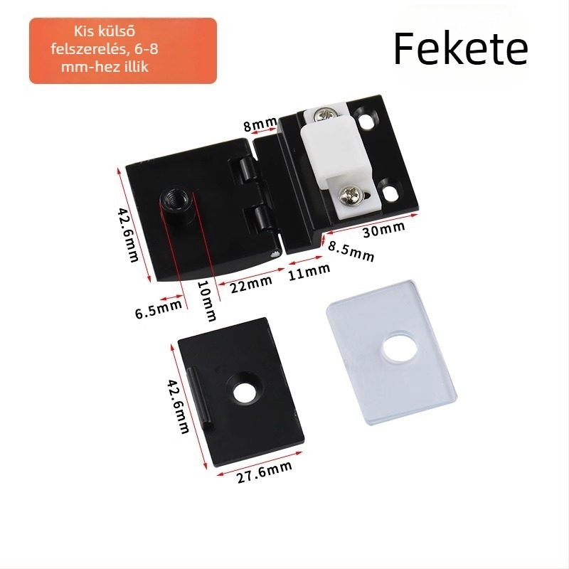 Üvegajtóhoz való pánt vitrineszekrényhez, cinkötvözet, csiszolt és fényes felület, modern-minimalista stílus, egyoldali és bilaterális felszerelés