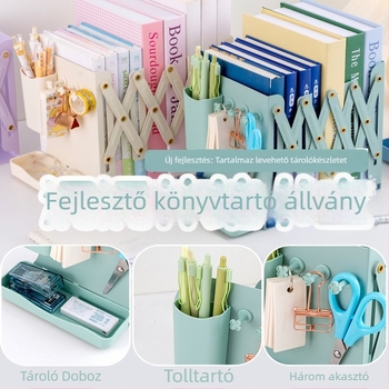 Behúzható fém könyvállvány asztali rendezővel és tolltartóval, irodai és diák használatra, modell 8866
