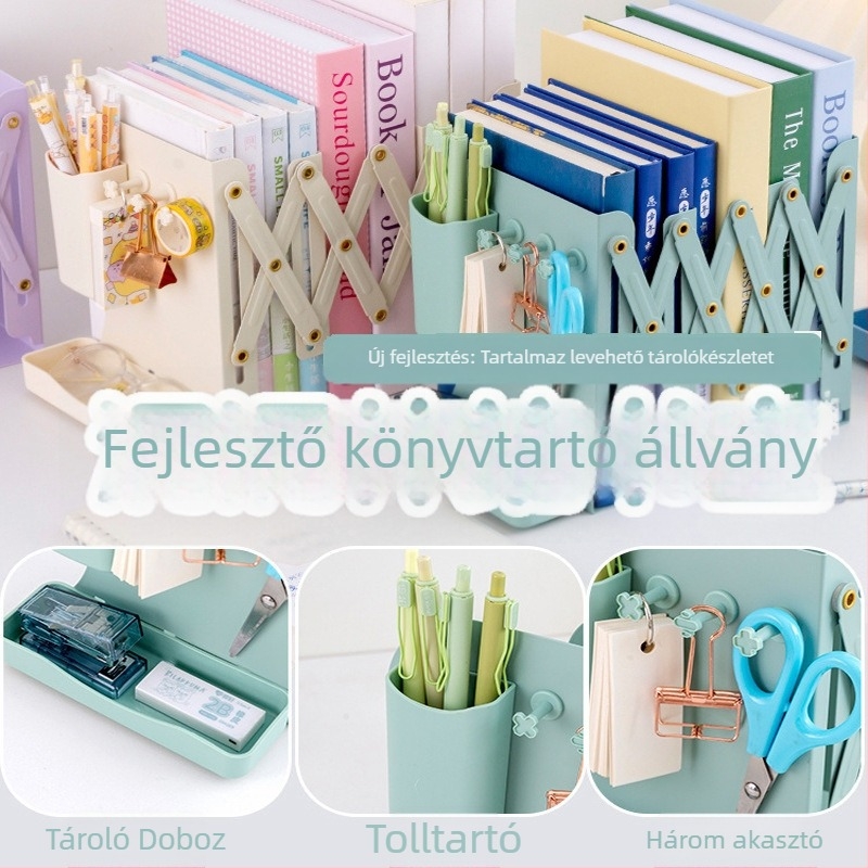 Behúzható fém könyvállvány asztali rendezővel és tolltartóval, irodai és diák használatra, modell 8866