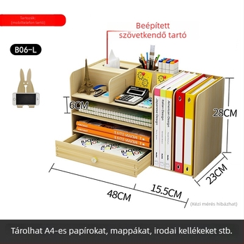 Fából készült asztali rendező fiókkal és könyvállvánnyal, 1 literes kapacitás, modern minimalista stílus