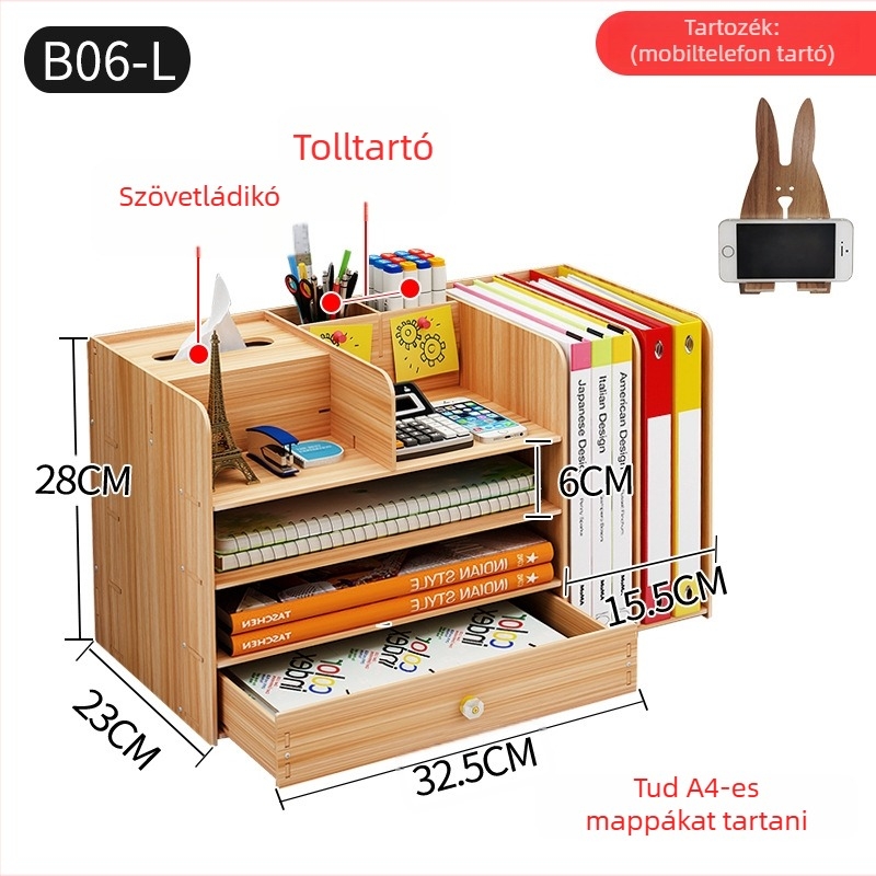 Fából készült asztali rendező fiókkal és könyvállvánnyal, 1 literes kapacitás, modern minimalista stílus