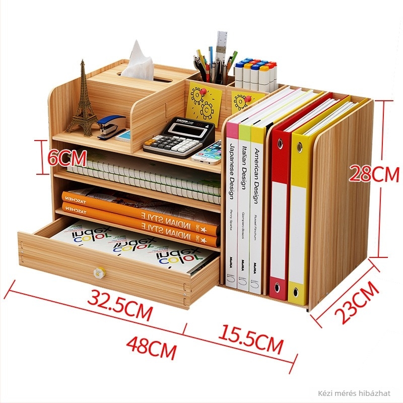 Fából készült asztali rendező fiókkal és könyvállvánnyal, 1 literes kapacitás, modern minimalista stílus