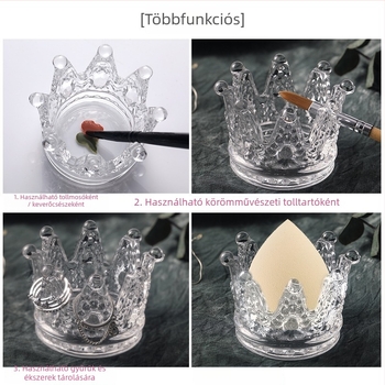 Üveg manikűr eszközök tartója vintage koronás dombornyomott mintával, japán stílus, kristály pohár és tollmosó funkció (nettó tömeg 150 g)