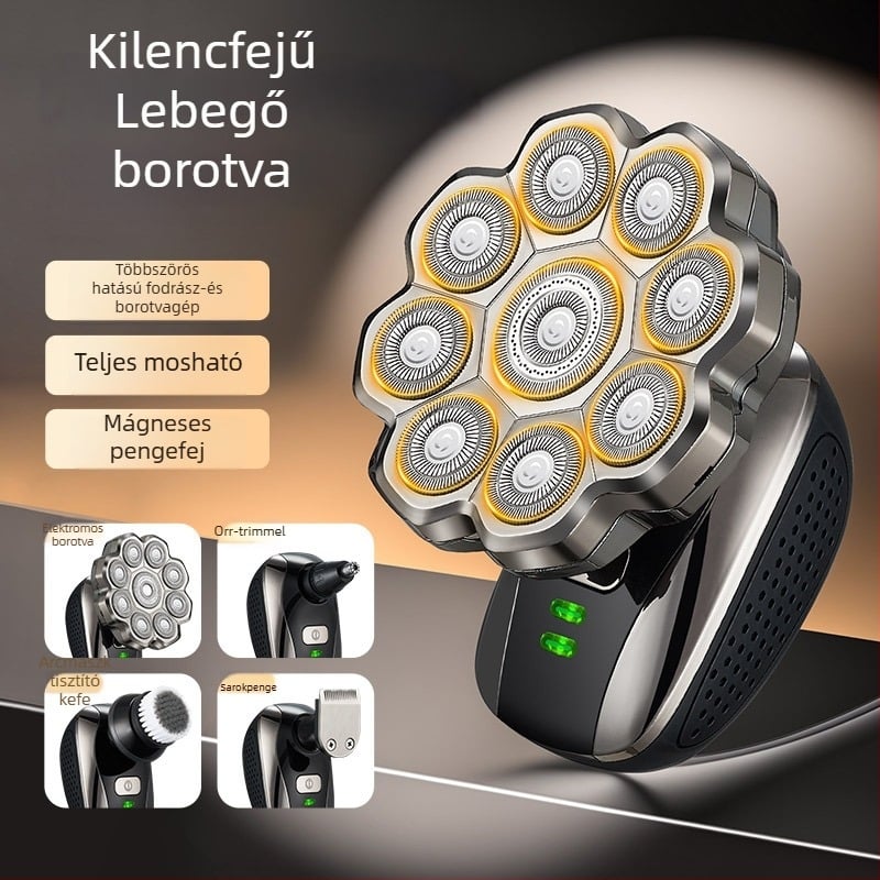 Kopasz fejre szánt elektromos borotva, lebegő forgó fejjel, teljes testben mosható, modell 310, beépített 500–800 mAh akkumulátor, 60+ perc működési idő