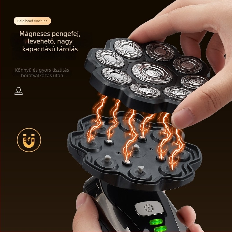 Kopasz fejre szánt elektromos borotva, lebegő forgó fejjel, teljes testben mosható, modell 310, beépített 500–800 mAh akkumulátor, 60+ perc működési idő