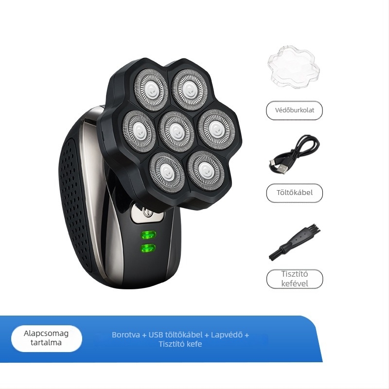 Kopasz fejre szánt elektromos borotva, lebegő forgó fejjel, teljes testben mosható, modell 310, beépített 500–800 mAh akkumulátor, 60+ perc működési idő