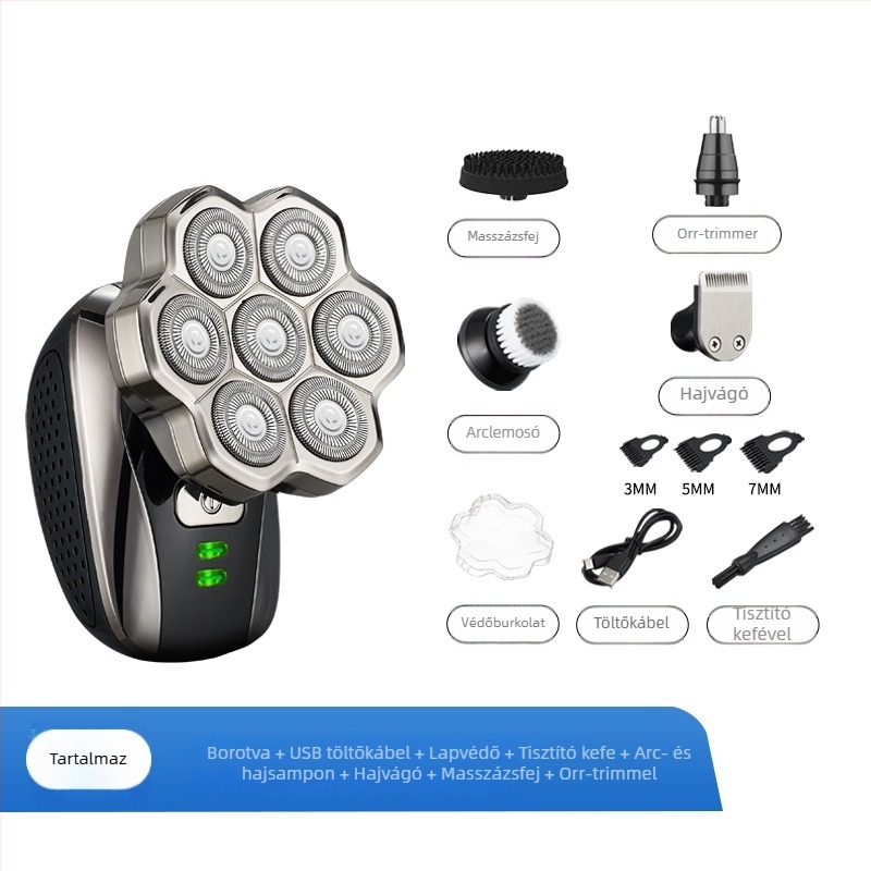 Kopasz fejre szánt elektromos borotva, lebegő forgó fejjel, teljes testben mosható, modell 310, beépített 500–800 mAh akkumulátor, 60+ perc működési idő