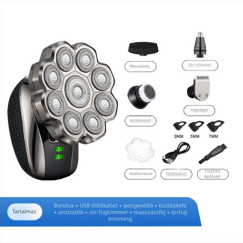 Kopasz fejre szánt elektromos borotva, lebegő forgó fejjel, teljes testben mosható, modell 310, beépített 500–800 mAh akkumulátor, 60+ perc működési idő