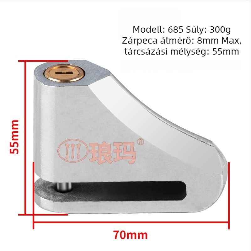 Tárcsafék-zár elektromos járművekhez, motorkerékpárokhoz és kerékpárokhoz – ötvözött acél, modell 685, súly 300