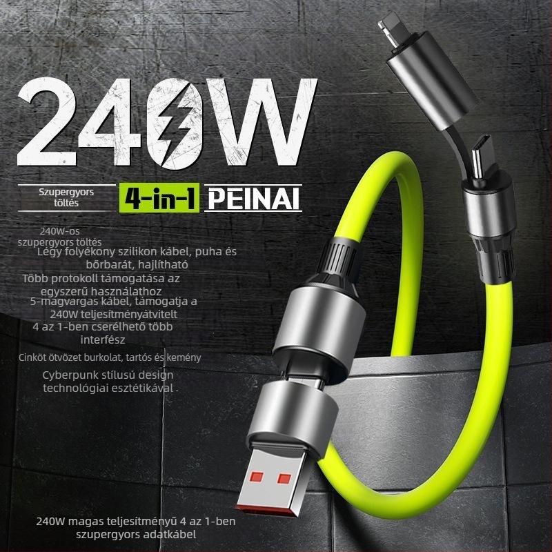 Visenmo szilikon 4 az 1-ben adatkábel USB, Lightning és Type-C csatlakozókkal — 240W gyorstöltés
