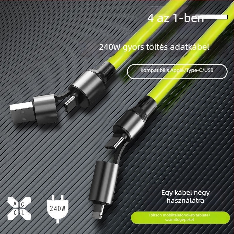 Visenmo szilikon 4 az 1-ben adatkábel USB, Lightning és Type-C csatlakozókkal — 240W gyorstöltés