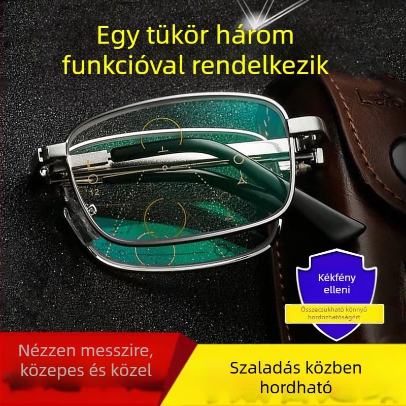 Összecsukható progresszív multifokális szemüveg presbiopiához fotókróm lencsékkel, kékfény-szűrővel és aszferikus lencsékkel
